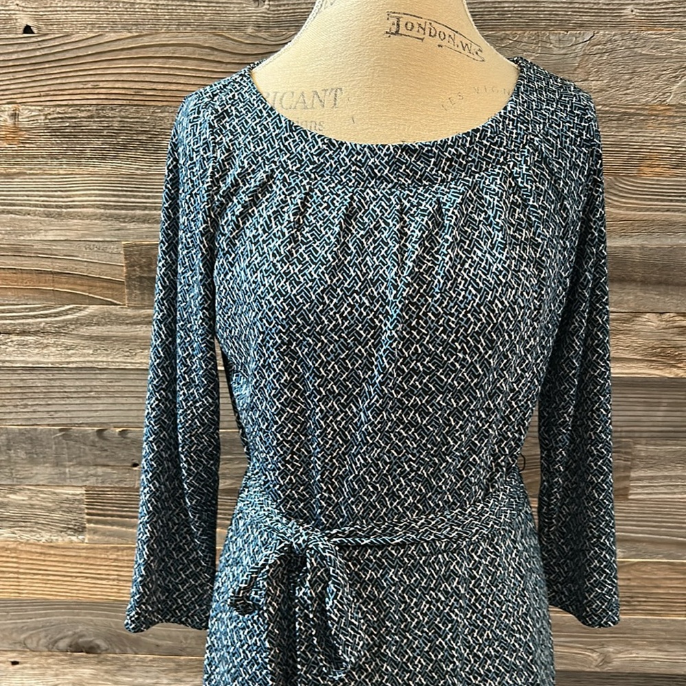 Lands End Blue Patterned Midi Tie Waist 3/4 Length Sleeve Dress Size XS 2-4 - Picture 2 of 9